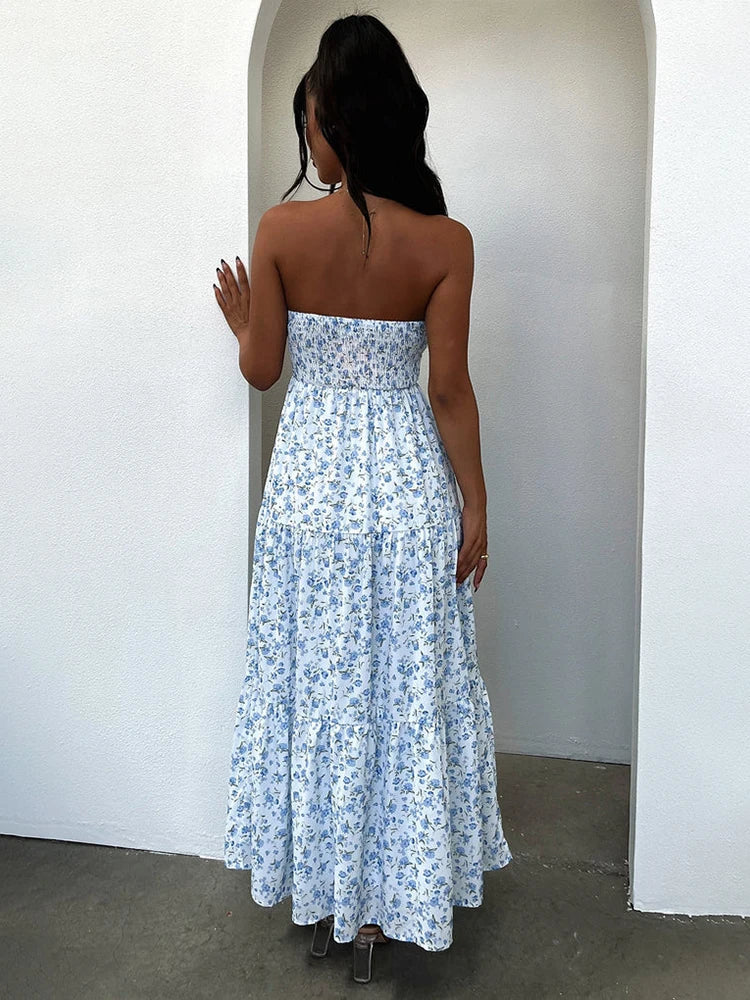 Print Pleated A-line Long Off Shoulder Backless Nightclub Spring Summer Maxi Dress