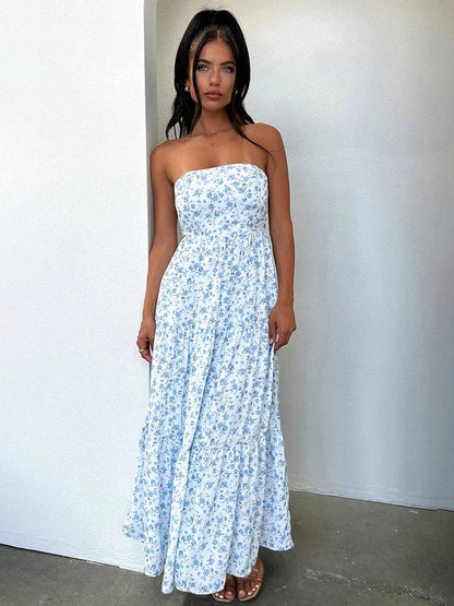 Print Pleated A-line Long Off Shoulder Backless Nightclub Spring Summer Maxi Dress