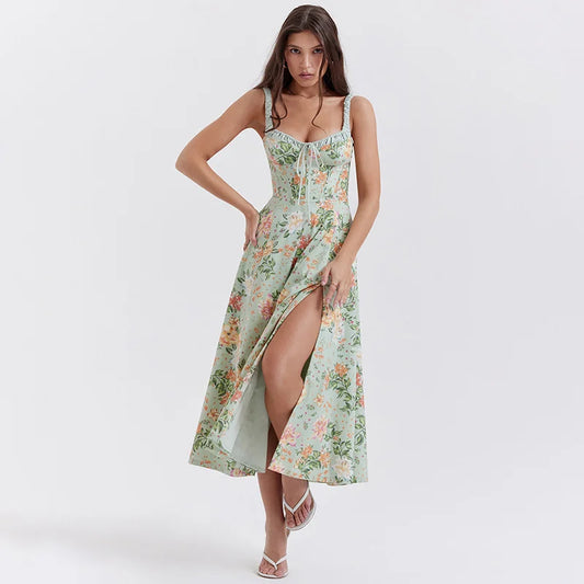 Print A-line Spaghetti Strap Summer Long Split Nightclub Sexy Midi Dress