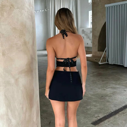 Rivet Patchwork Hollow Out Sexy Party Spring Summer Slim Bandage Bodycon Mini Dress