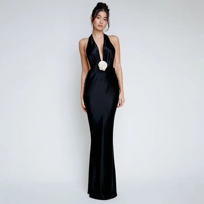 Satin Deep V Neck Halter Backless Nightclub Long Spring Summer Maxi Dress