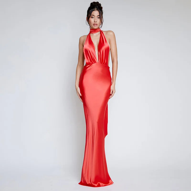 Satin Deep V Neck Halter Backless Nightclub Long Spring Summer Maxi Dress