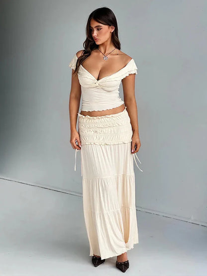 Party Pleated Crop Top Maxi Skirts Slim Bodycon Summer 2 Piece Dress