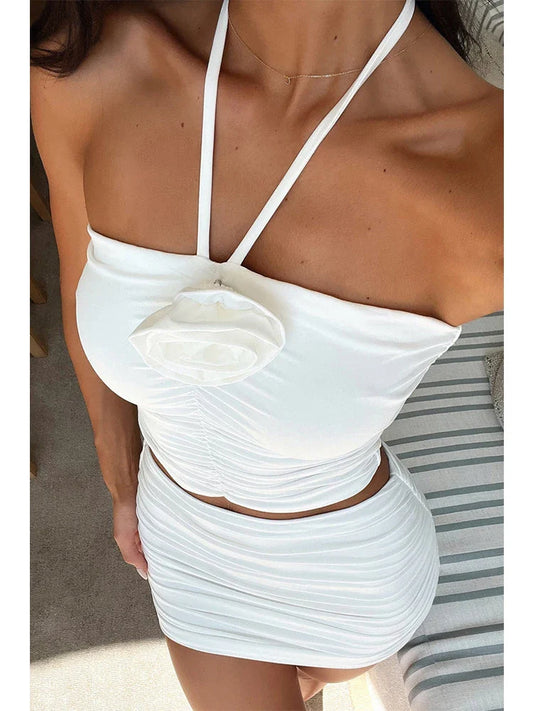 Party Pleated Halter Crop Top Skirts Slim Bodycon Spring Summer 2 Piece Dress