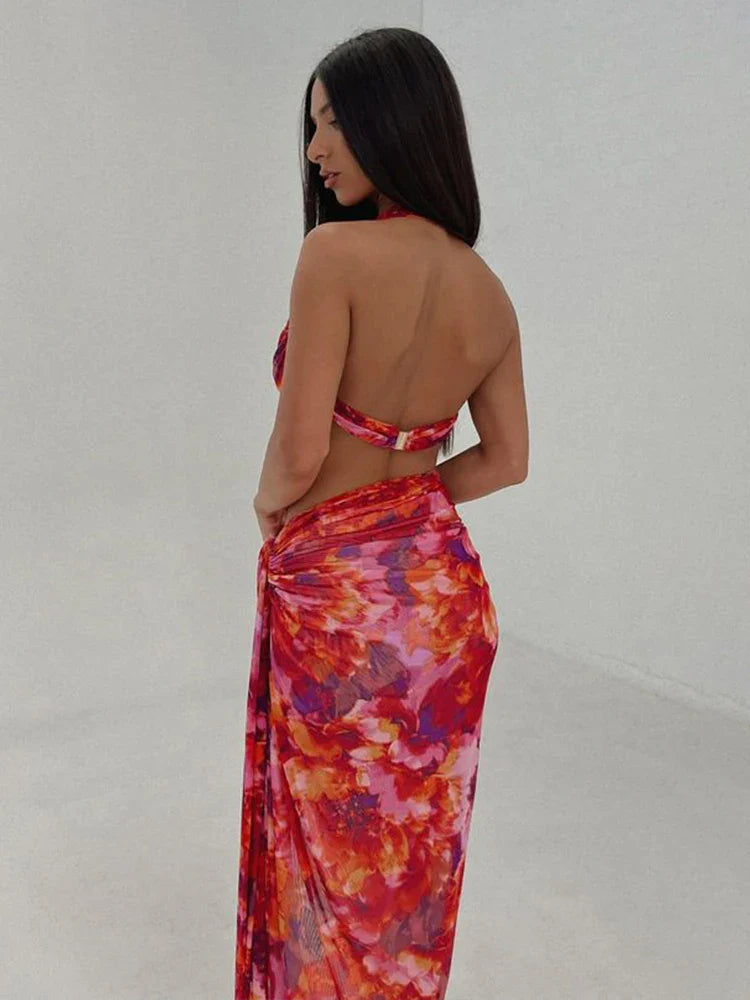 Party Print Two Piece One Shoulder Crop Top High Split Skirts Summer Midi Dress