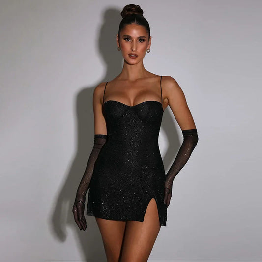 Glitter Spaghetti Strap Summer Strapless Nightclub Slim Split Sexy Party Mini Dress