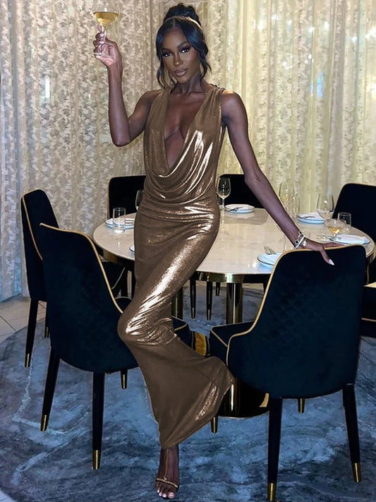 Slim Elegant Deep V Neck Backless Sexy Party Gold 2024 Maxi Dress