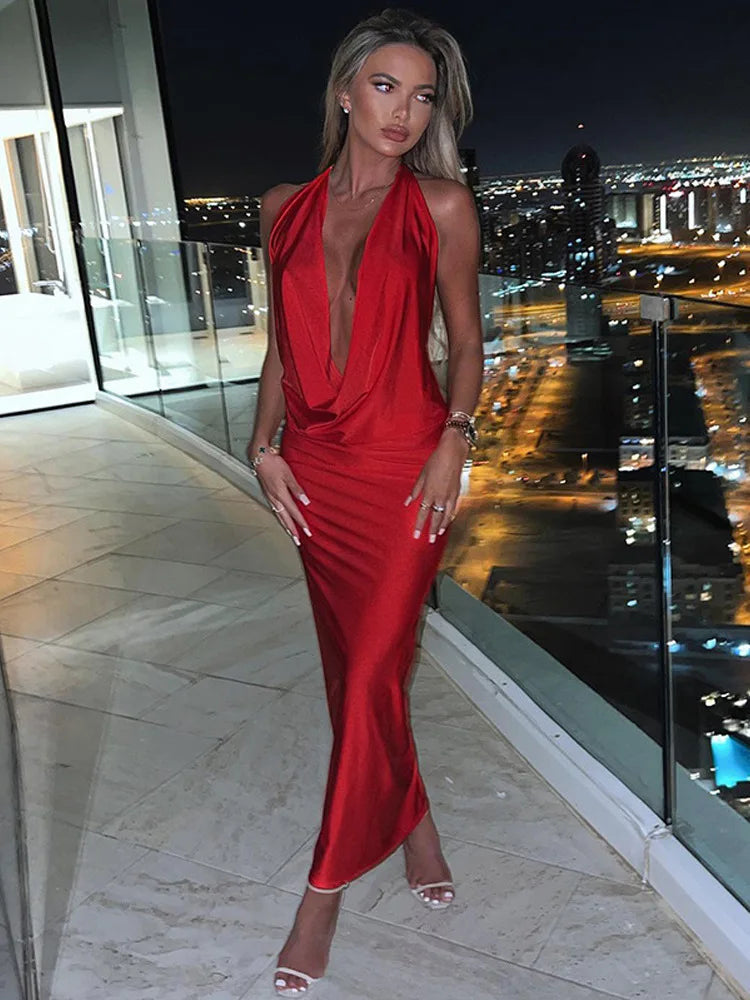 Bodycon Midi Long Spring Summer Halter Deep V Neck Backless Nightclub Sexy Party Maxi Dress