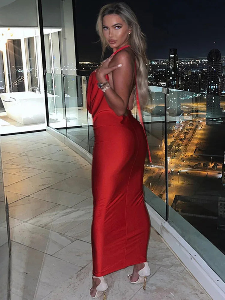 Bodycon Midi Long Spring Summer Halter Deep V Neck Backless Nightclub Sexy Party Maxi Dress