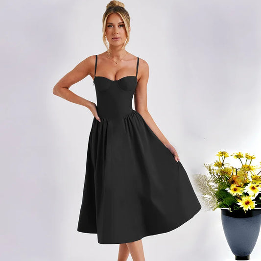 Strapless A-line Spaghetti Strap Summer Backless Nightclub Midi Dress