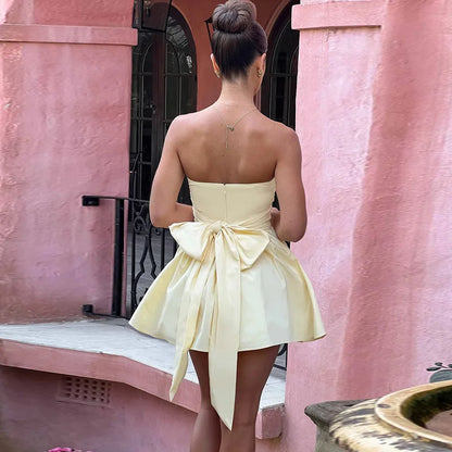 Strapless Bow A-line Backless Nightclub Party Spring Summer Mini Dress