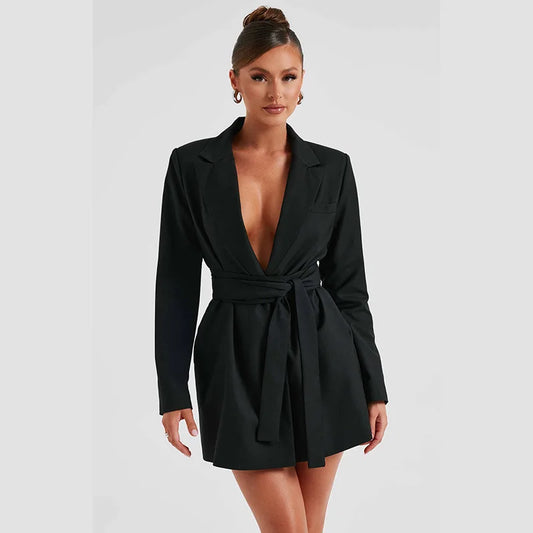 Temperament Bandage Suit Autumn Winter Deep V Neck Sexy Party Mini Dress