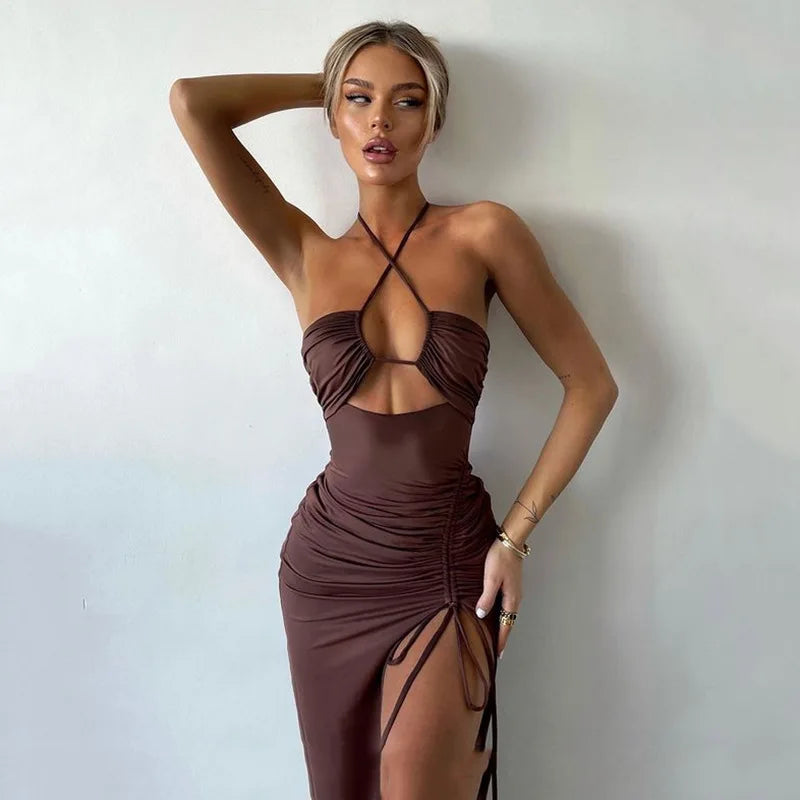 Temperament Maxi Long Halter Spaghetti Strap Summer Drawstring Split Sexy Midi Dress