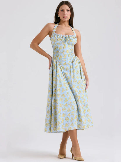 Waist Wrap Print A-line Long Halter Spring Summer Backless Sexy Midi Dress