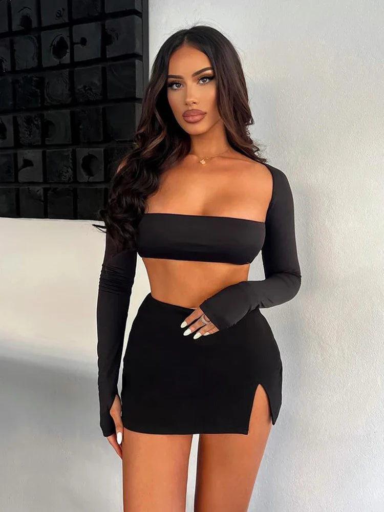 White Long Sleeve Side Split Mini Skirts Slim Autumn 2 Piece Dress