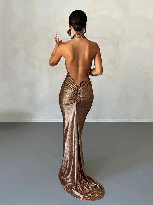 Temperament Bodycon Elegant Mermaid Sexy Party Halter Backless Long Maxi Dress