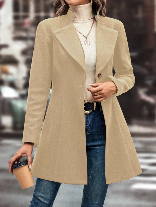 Fashionable Women Autumn Winter New Style Temperament Solid Color Long Sleeved Lapel Coat