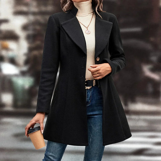 Fashionable Women Autumn Winter New Style Temperament Solid Color Long Sleeved Lapel Coat