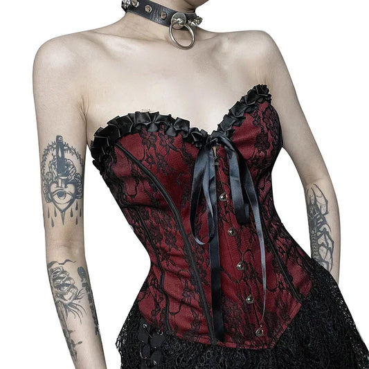 Gothic Lace Trim Lace-up Corset Top