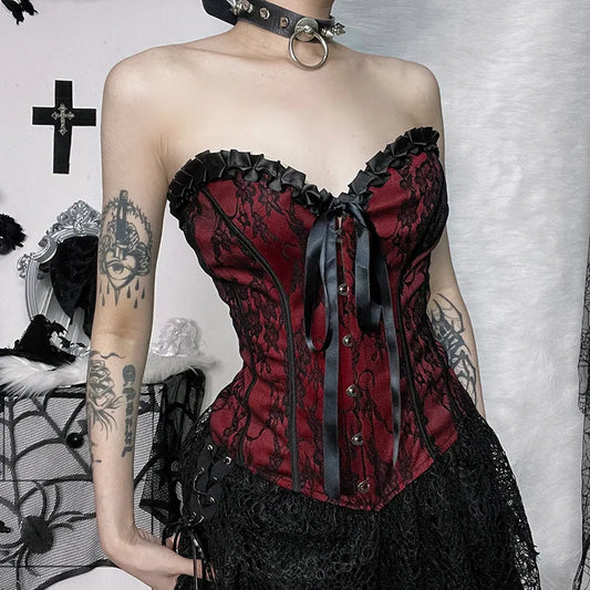 Gothic Lace Trim Lace-up Corset Top