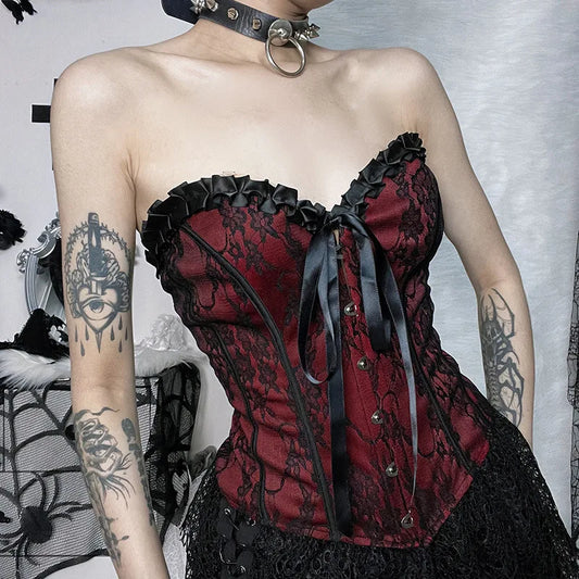 Gothic Lace Trim Lace-up Corset Top