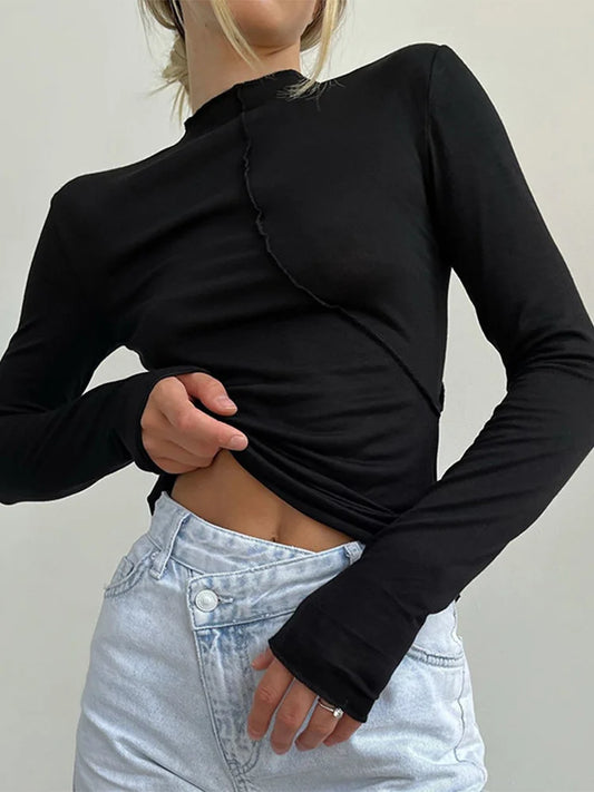 FashionSierra - Turtleneck Y2K Long Sleeve Autumn Winter Casual Black Basic Vintage Crop Tops