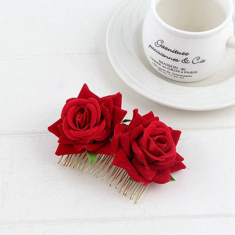 Red Wedding Rose Flower Bride Headdress Hair Accessory Red 4 Accessories-L