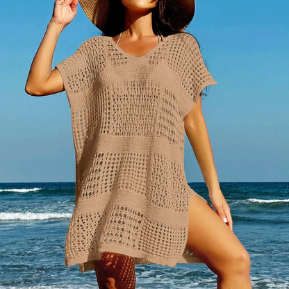 FashionSierra - Vintage Casual Knit Beach Cover Up Midi Dress V Neck Hollow Out Bikini Sets