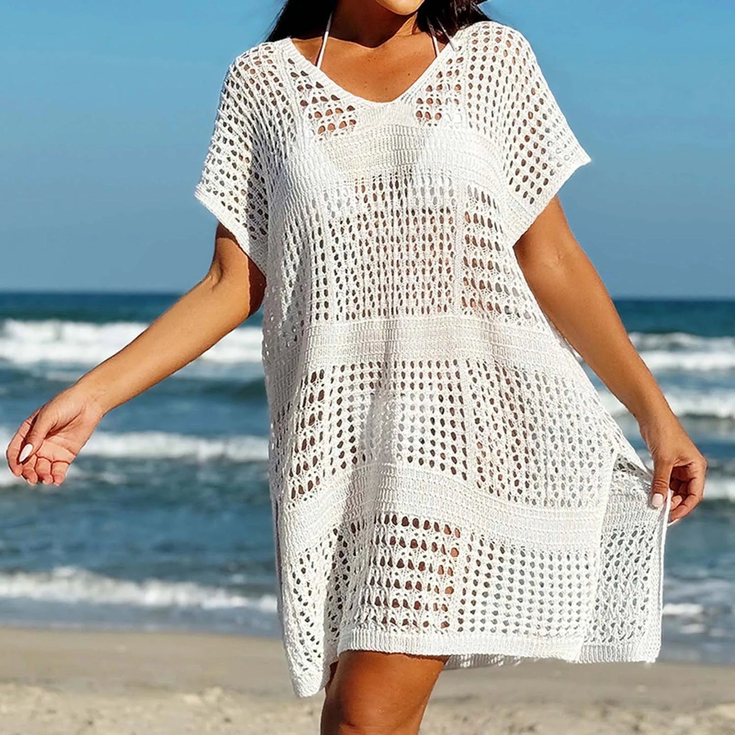FashionSierra - Vintage Casual Knit Beach Cover Up Midi Dress V Neck Hollow Out Bikini Sets