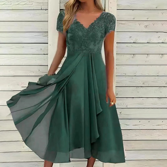 FashionSierra - Vintage Chiffon V Neck Splicing Lace Hollow Pleated Large Swing Summer Women Dress