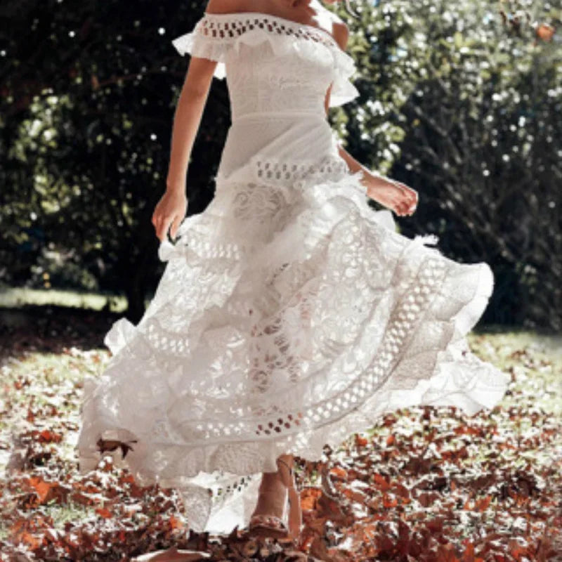 FashionSierra - 2024 Elegant White Lace Off Shoulder Boho Dress