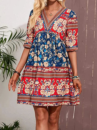 FashionSierra - 2024 Vintage Floral Loose V-Neck Beach Boho Dress