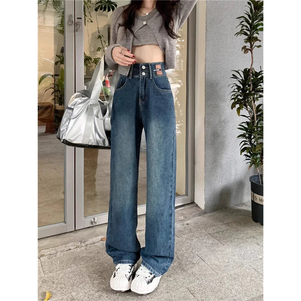 Vintage High-waisted Straight Female Spring New Loose Versatile Trailing Wide-Legged Jeans