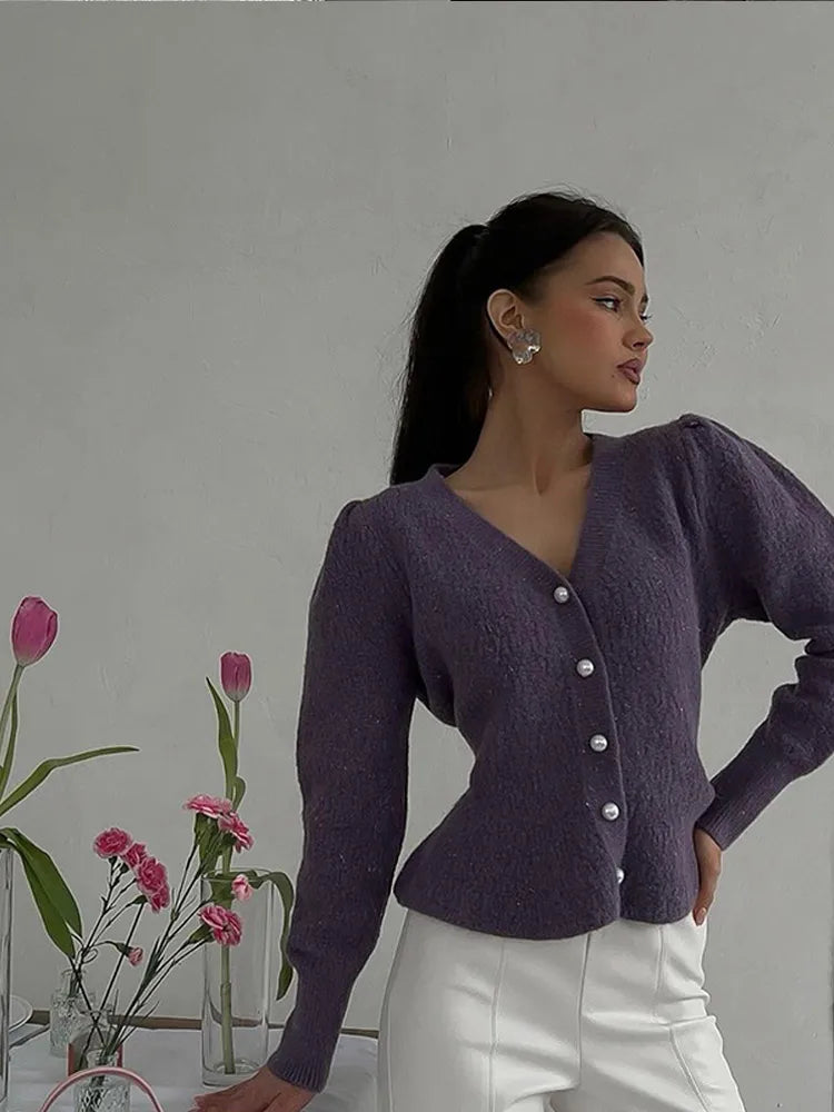 Vintage Pearl Button Slim Fit V-Neck Long Sleeve Christmas Sweater Sweaters-L