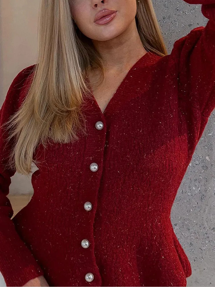 Vintage Pearl Button Slim Fit V-Neck Long Sleeve Christmas Sweater Sweaters-L