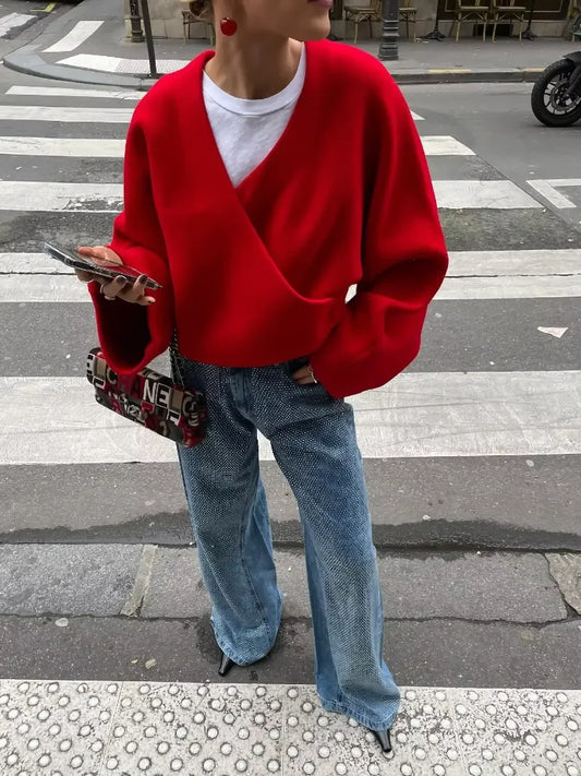 Vintage Loose Casual V Neck Long Sleeve Pullover Christmas Sweater Red / S Sweaters-L