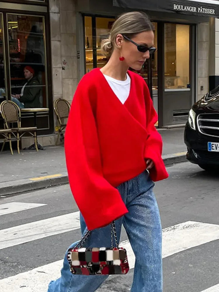 Vintage Loose Casual V Neck Long Sleeve Pullover Christmas Sweater Sweaters-L