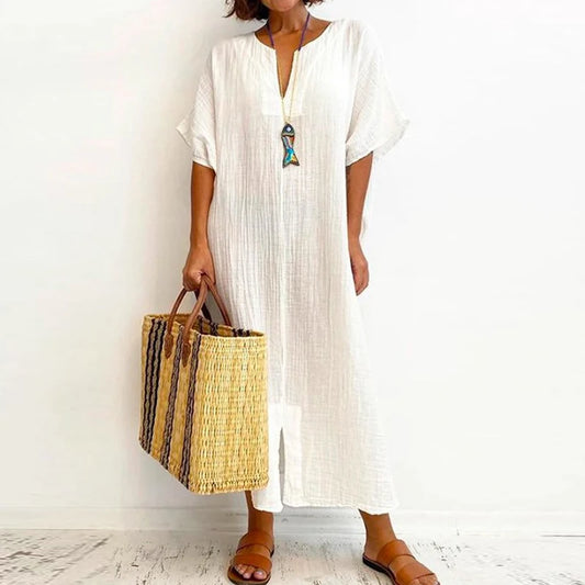 FashionSierra - 2024 Vintage Solid Cotton Linen V-Neck Split Boho Dress