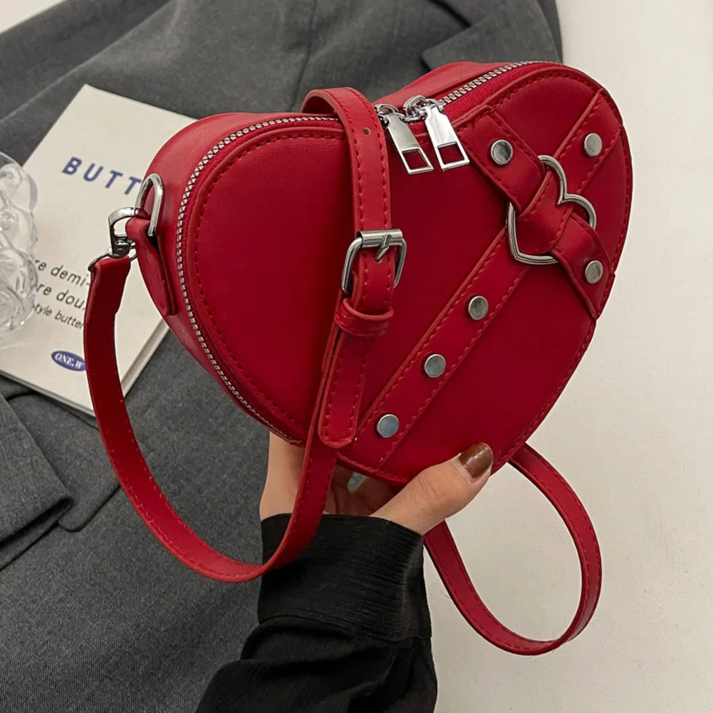 Vintage Y2K Small Chain Rivet Heart Shaped Red PU Leather Bag