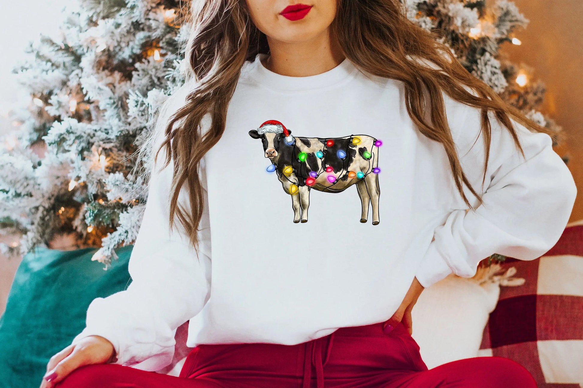 Christmas Cow Lights Hoodie - Farm Sports Model White / S Hoodies-L