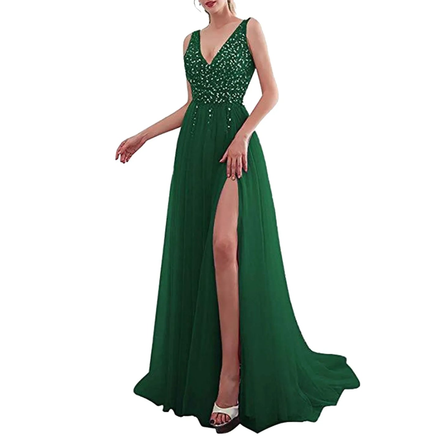 FashionSierra - Wedding Prom Embroidered Sequins Sexy Sleeveless Deep V Neck Maxi Elegant High Slit Evening Dress