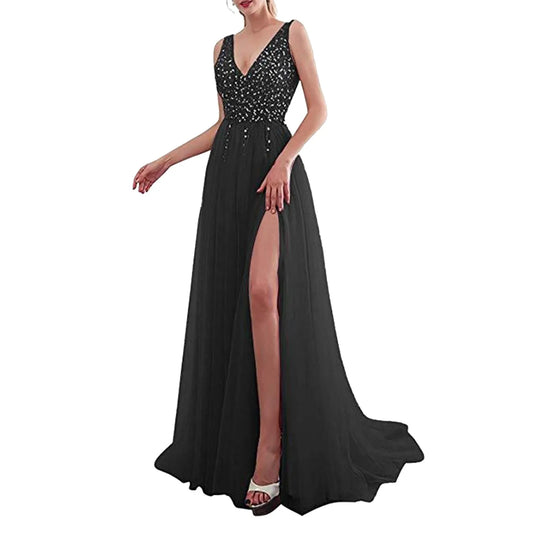 FashionSierra - Wedding Prom Embroidered Sequins Sexy Sleeveless Deep V Neck Maxi Elegant High Slit Evening Dress