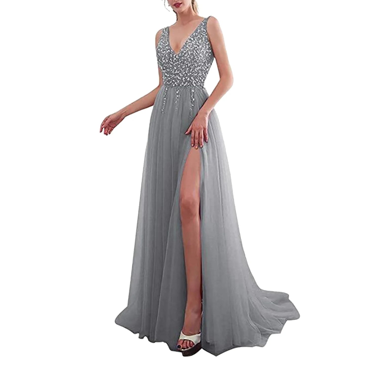 FashionSierra - Wedding Prom Embroidered Sequins Sexy Sleeveless Deep V Neck Maxi Elegant High Slit Evening Dress