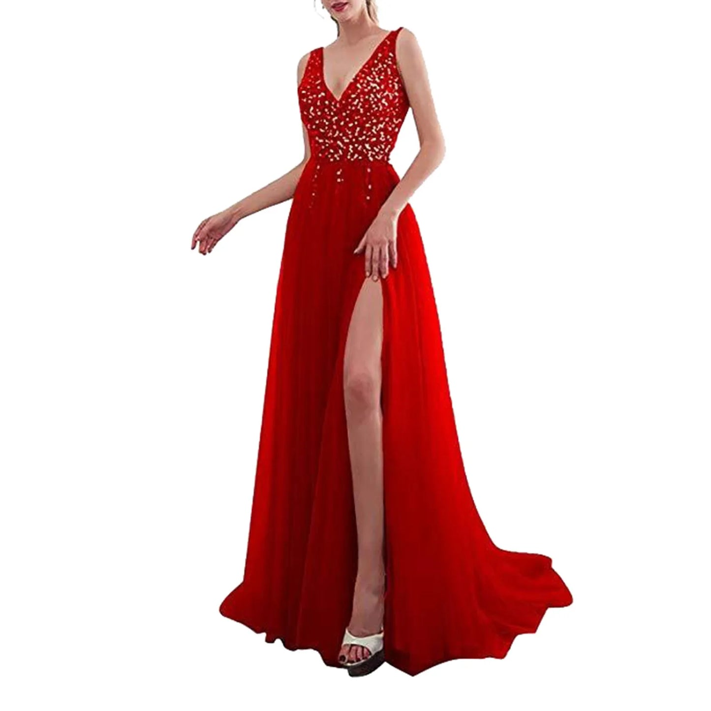 FashionSierra - Wedding Prom Embroidered Sequins Sexy Sleeveless Deep V Neck Maxi Elegant High Slit Evening Dress