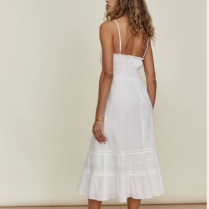 FashionSierra-White Cotton Lace  Summer  Vintage  Sleeveless  Lace-Up  Bohemian  Casual  Long Strap  For Women  Beach  Vestidos  Robe Boho Dress