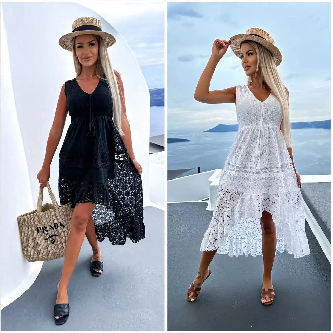 FashionSierra-White Floral Lace  Long  Women  Robe  Vintage  V-neck  Sleeveless  Irregular Ruffles  Summer  Beach  Casual  Vestidos Boho Dress