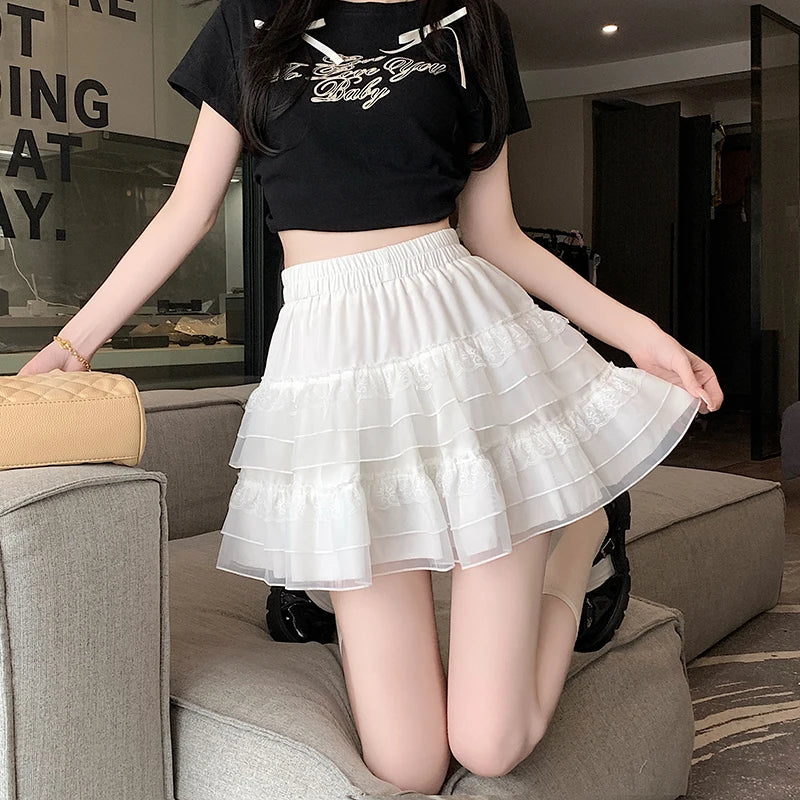 FashionSierra - Lace Fairy Wind 2024 New Summer High Waist Tulle Mini Pleated Sweet Woman Cute A-line Tutu Skirt