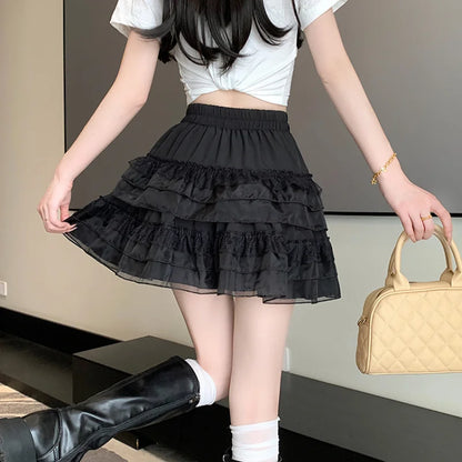 FashionSierra - Lace Fairy Wind 2024 New Summer High Waist Tulle Mini Pleated Sweet Woman Cute A-line Tutu Skirt