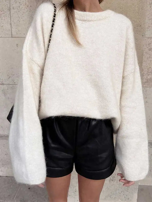 White O Neck Loose Knitted For Women Fashion Long Sleeves Oversize Sweater