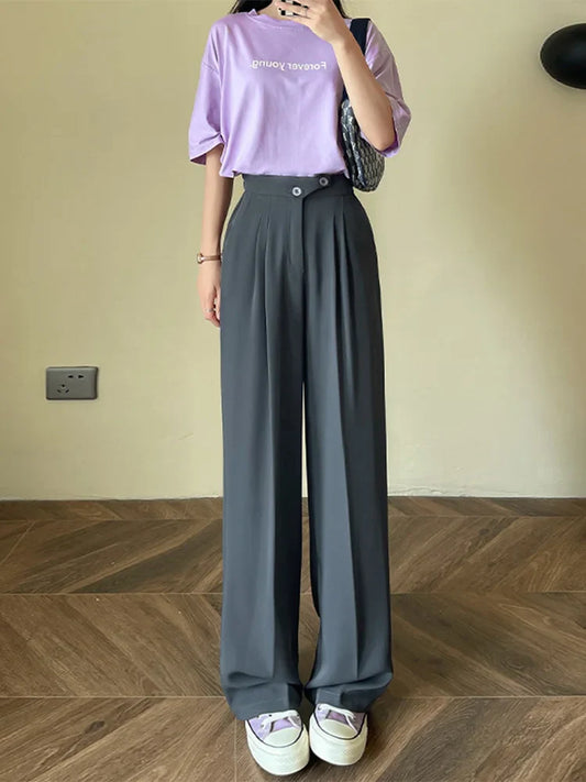 FashionSierra - Wide High Stacked Classic Loose Plaid Summer Long Chic Trouser